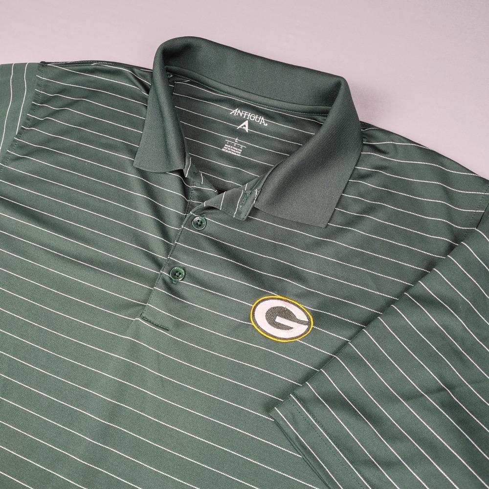 Antigua Green Bay Packers Mens L Green Striped Golf Polo Shirt NFL Embroidered